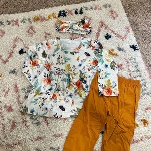 (NEW) Floral Top and Mustard Pants Set with Headband 110size